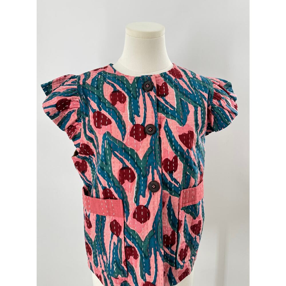 Tach Benita Pink Quilted Flutter Sleeve Vest Top Heart Floral Cotton Katha XS